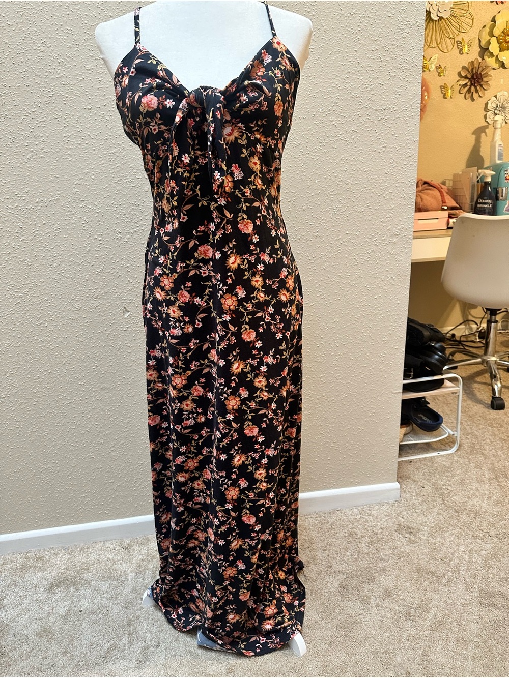 Black Multicolor Floral Babydoll Maxi Dress Spaghetti Strap Tie Front Stretch L